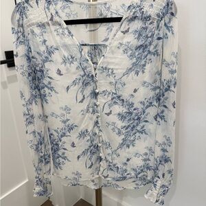 Paige Silk Button-Front V-Neck Blouse - Blue/White
